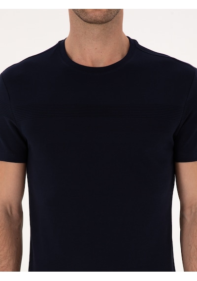 Lacivert Slim Fit %100 Pamuk Bisiklet Yaka Şerit Detaylı T-shirt