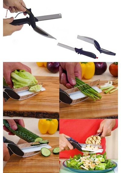 Pratik Düz Kesim Panolu Mutfak Makası Salata Sebze Et Kesme Tahtalı Makaslı Bıçak Clever Cutter