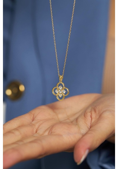 Erdobia Zirkon Taşlı Gold One Cleef Yonca Gümüş Kolye