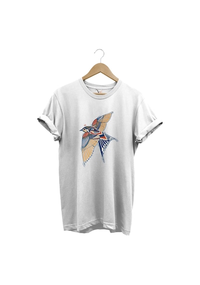 Kırlangıç Kuşu Dekoratif Baskılı %100 Pamuk Regular Fit Unisex T-shirt Beyaz