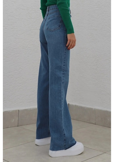 Orta Mavi Likralı Süper Yüksek Bel Salaş Jeans Palazzo Pantolon Orta Mavi