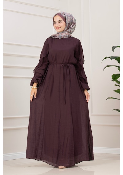 Sevitli Kolları Fırfır Detaylı Simay Elbise-mürdüm-5792