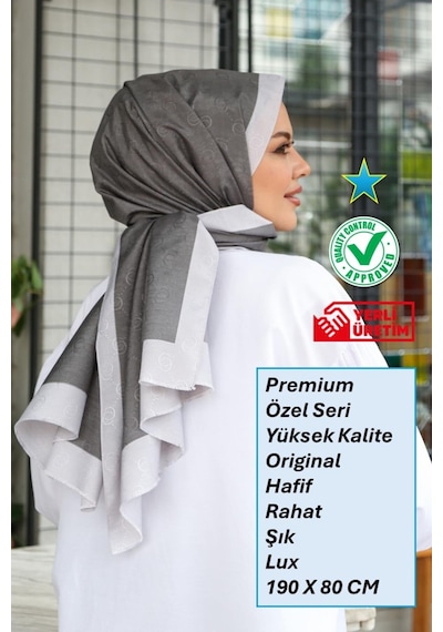 Premium Lux Original Monogram Şal İpek Vual, Yüksek Kalite, Hafif, Rahat, Şık, Tesettür, Shawl Füme