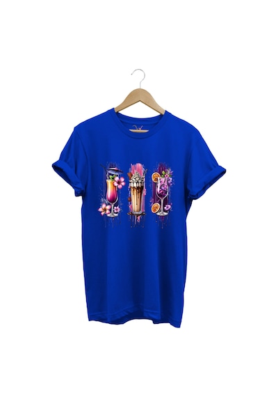 Milkshake Ve Kokteyl Temalı Renkli Yaz Baskılı %100 Pamuk Unisex Regular Fit T-shirt Mavi