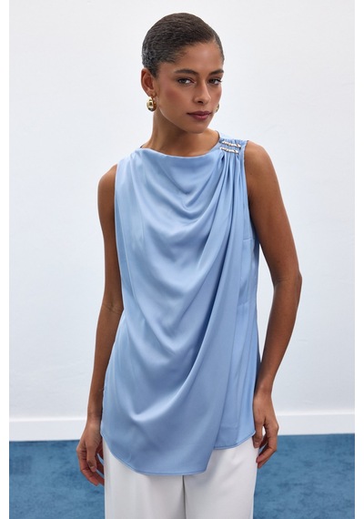 Sateen Aksesuar Detaylı Kolsuz Bluz - Bebe Mavi-136915 Bebe Mavi