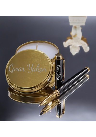 Kişiye Özel Füme Dolma Kalem & Gold Metal Kutulu Mum Hediye Seti
