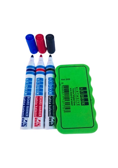 3 Renk Tahta Kalemi Ve Mıknatıslı Tahta Silgisi Bordmarker 1 Set Südor Çok Renkli