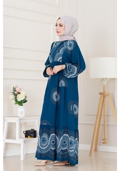 Sevitli Yarasa Kol Robalı Nare Elbise-indigo-5014 İndigo