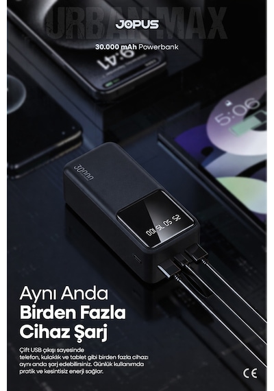 Jopus 30000mah Powerbank Lcd Ekranlı Taşıma Askılı Güçlü Taşınabilir Şarj Cihazı Siyah