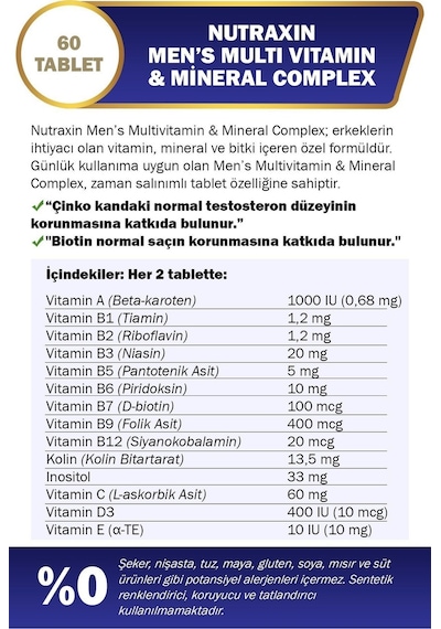 Nutraxin Men's Multi Vitamin ve Mineraller Complex 60 Tablet