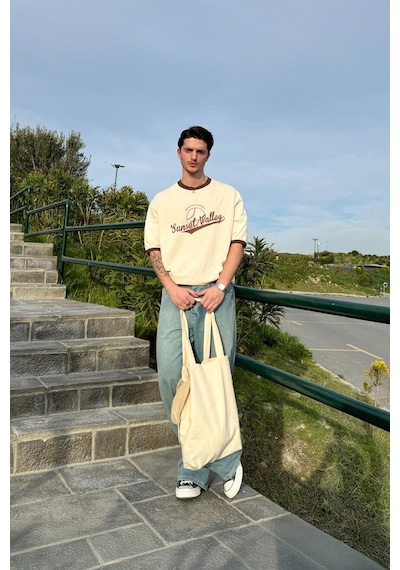 Sunset Valley Baskılı Oversize Tişört Bej Bej