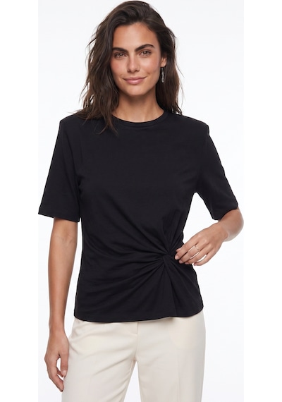 Onloox Kadın Siyah Siyah Yumuşak Kumaş Kısa Kollu Rahat Kalıp Vatkalı Omuz Ve Yan Düğüm Detaylı T-shirt Onloox Kadın Siyah Siyah Yumuşak Kumaş Kısa Kollu Rahat Kalıp Vatkalı Omuz Ve Yan Düğüm Detaylı T-shirt