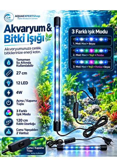 Akvaryum Işığı - Balık Işığı - Bitki Işığı - 27 Cm - 12 Led - Tamamen Su İçinde Kullanılabilir - 3 Modlu - 4w - Mükemmel Işık