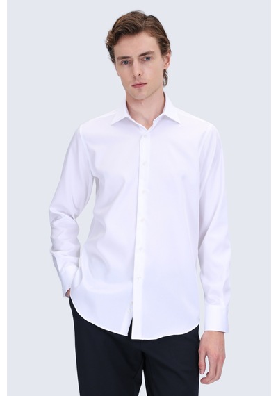 Hatemoğlu Beyaz Comfort Fit Slim Yaka Uzun Kollu Non Iron Saten Gömlek