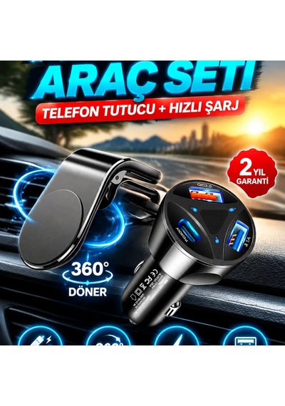 360 Döner Manyetik Araç Telefon Tutucu + 55w Quick Charge 3.0 Şarj Adaptörü 2 Li Set