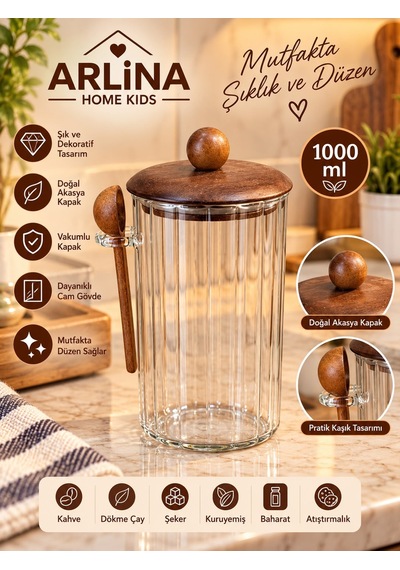 1000ml Akasya Kapaklı Kaşıklı Cam Kavanoz Şeffat Cam - Akasya Ahşap Kapak