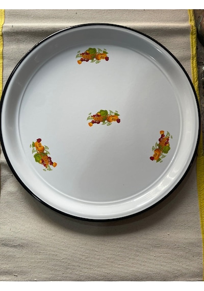 Emaye Sini Sofra, Yemek Sunum Tepsi, Yer Sofrası Çinko 60 Cm Beyaz - Gri - Siyah