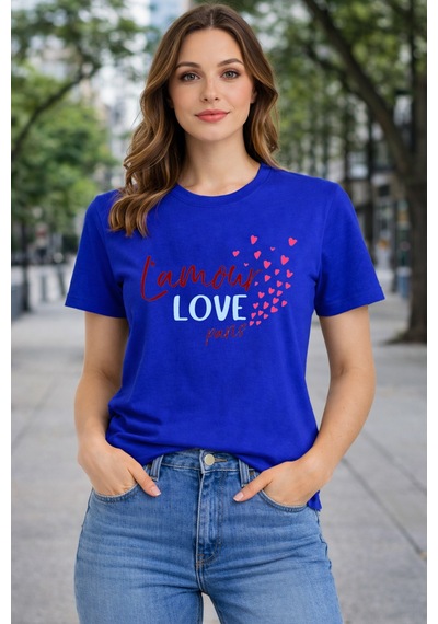 Herkesemoda Lamour Love Baskı Detaylı Basic T-shırt Mavi