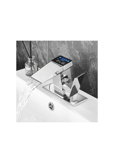 Rena Design Dijital Sıcaklık Göstergeli Krom Lavabo Bataryası Musluğu Çiftgirişli Krom Armatür Sayaç Ekran Yeni Inox