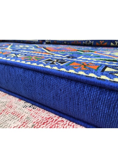 Turkıshrug Kıngdom 10 Cm Süngerli Lüks Şark Köşesi Takımı Mavi Desenli 18 Parça Tam Set - Kilim, Puf Ve Yer Minderi Dahil