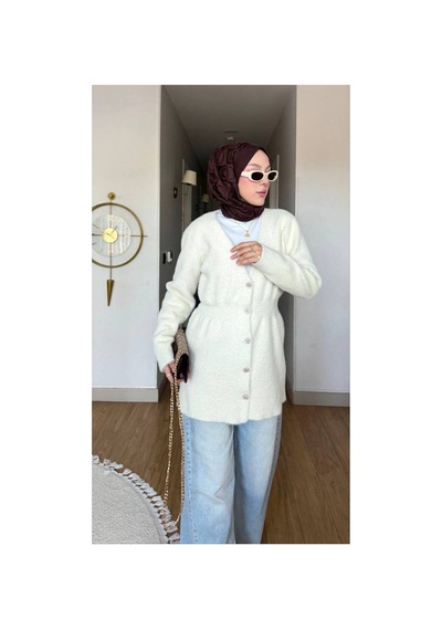 Nes Moda Kadın Düğme Detaylı Bel Büzgülü Angora Tesettür Triko Hırka Kazak Krem Krem