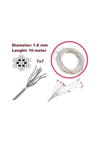 10 Metre 7x7 Çelik Tel Halat Cam Kriko Tamir Kablosu Çap:1.6 Mm Standart