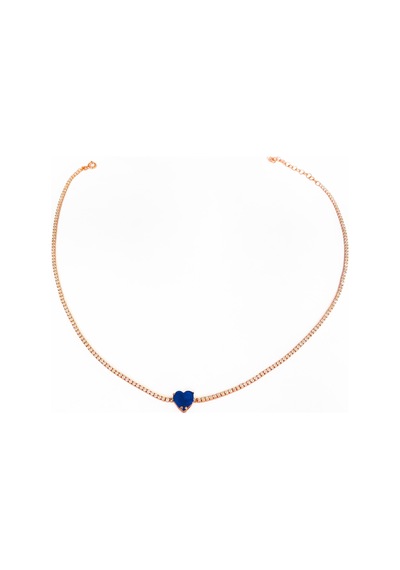 Renkli Taşlı Kalpli Su Yolu Zincirli Gümüş Choker Rose Gold