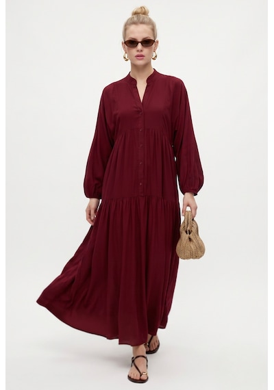 Ritnice Kadın Modest New Base %100 Viskon Bordo Maksi Boy Yazlık Elbise