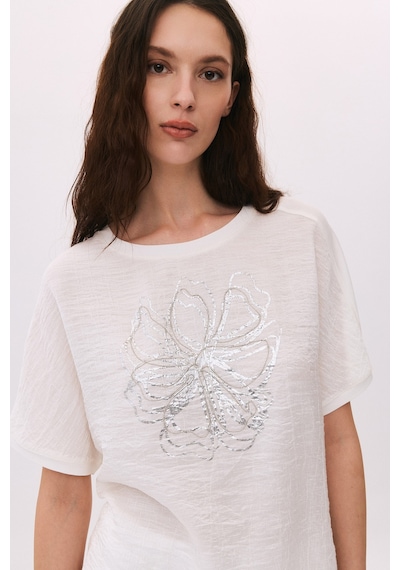 Daido Kadın Yuvarlak Yaka Kısa Kollu Desenli T-shirt 6217 Ekru