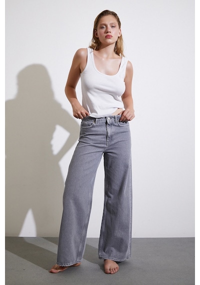 Never More Yüksek Bel Wide Leg Jean Füme