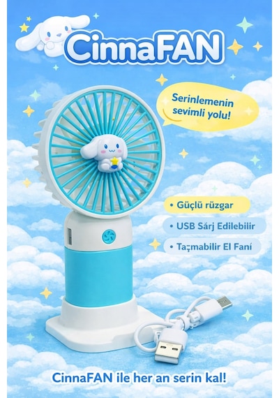 Jasper Turkuaz-beyaz Cinnamoroll Figürlü Taşınabilir Standlı Serinletici Fan 3 Hız Ayarlı , Typ-c Şarjlı Fan Masaüstü Fa