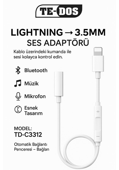 Apple Uyumlu iPhone iPad  8 Pin Lightning Aux Çevirici - 3.5 Mm Kablodan Kontrollü Jack Kulaklık Adaptörü 1 Adet