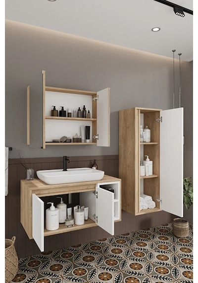 Lale Beyaz 90 Cm %100 Mdf Lavabolu Banyo Dolabı + Boy Dolabı Beyaz Meşe