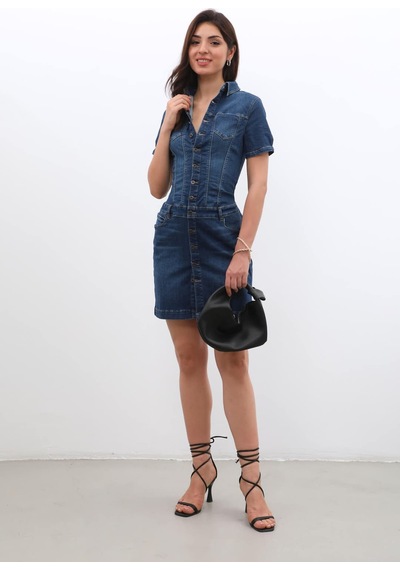 Banny Jeans Kadın Boydan Düğmeli Jean Elbise Koyu Mavi