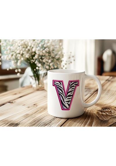 V Harfi Zebra Deseni Ve Pembe Kenarlı Kupa Bardak - Kişiye Özel Nakış Efektli - Siyah Beyaz Pembe Beyaz
