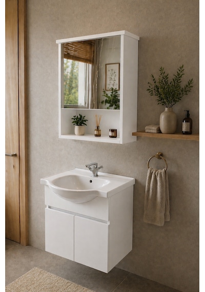 Darende 55cm Seramik Lavabolu Mdf Aynalı Banyo Dolabı Beyaz
