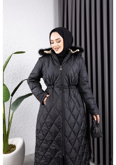 Harman Butik Kadın Uzun İçi Kürklü Kapişonlu Kapitone Mont Siyah Siyah