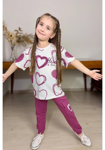 Riccotarz Kız Çocuk Pano Kalp Baskı Bisiklet Yaka T-shirt Kargo Cepli Alt Mor Eşofman Takım Mor