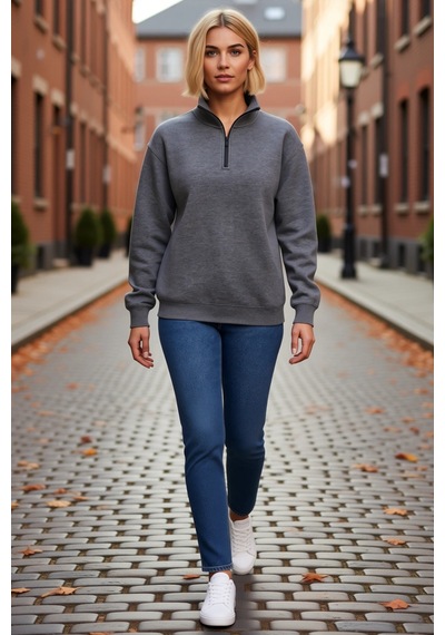 Ersefa Kadın Dik Yaka Yarım Fermuarlı Üç İplik Sweatshirt Melanj Görünüm Antrasit