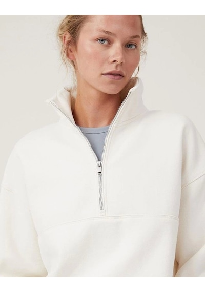 Etiler Collection Oversize Yarım Farmuarlı Yakalı Basic Sweatshirt - Beyaz