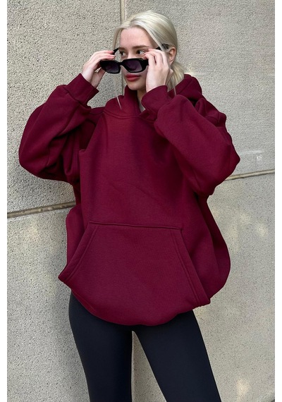 Madmext Bordo Kapüşonlu Şardonlu Oversize Sweatshirt Mg1566 Bordo