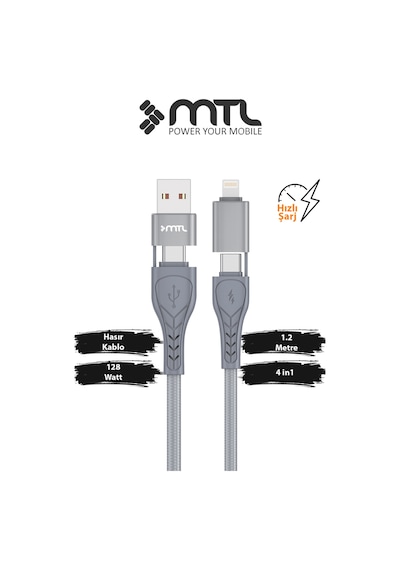 128w 4'ü 1 Arada 4ın1 Süper Hızlı Şarj Destekli Çoklu Fonksiyonlu Hasır Kablo 1.2 Metre Mt2513