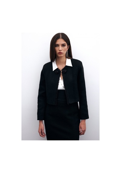 Sateen Boncuk Aksesuarlı Kısa Ceket - Siyah-135574 Siyah