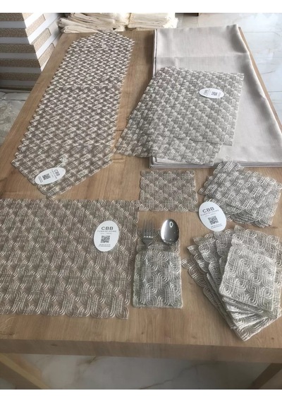 Bezos Sofra Takımı Orion Gardenya Keten Yemek Takımı 160x260 Masa Seti 26 Parça Runner Set Platin Bezos1