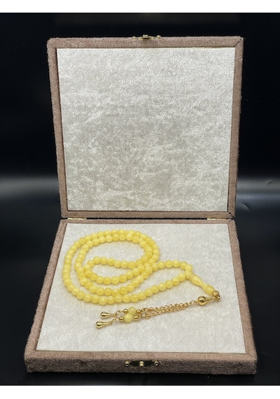 Gold Renkli Alpaka Püsküllü 99'luk Küre Kesim Sarı Damla Kehribar Benzetmesi Beyrut Tesbih