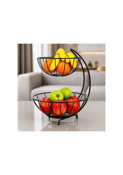 2 Katlı Metal Meyve Sepeti Siyah Geniş Hacimli Meyvelik Sebzelik Sunum Standı Modern Tezgah Üstü Organizer 25/28 Cm Çap 23 Cm Yükseklik Diğer