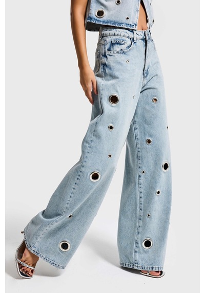 Itsbasic Kadın Ice 4s6-65 Baggy Fit Kuş Gözü Detaylı Özel Tasarım Denim Jean Buz Mavi