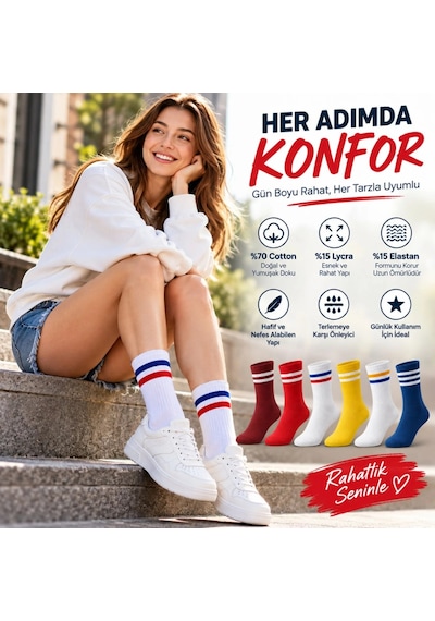 Storeşahin Unisex Renkli Çorap Çizgili 6'lı Set Uzun Soket Günlük Spor Kolej Stil Rahat Şık Kadın Erkek Çorabı Shn0720 Çok  Renkli