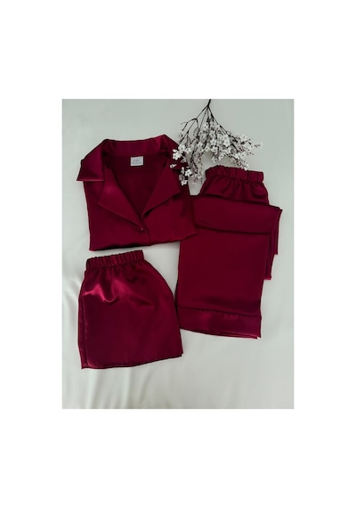 Mh Moony Homewears 3'lü Bordo Yumuşacık Saten Pijama Takımı Bordo