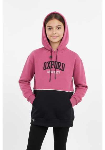 Kapşonlu Oxford Baskılı Kanguru Cepli Kız Çocuk Sweatshirt-90865 Pembe